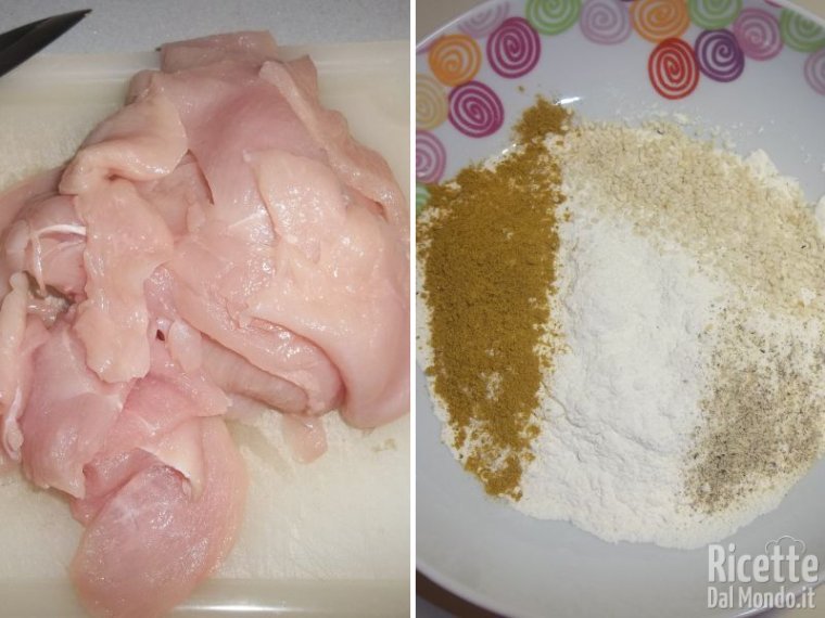 Tagliare il petto di pollo e preparare la tempura