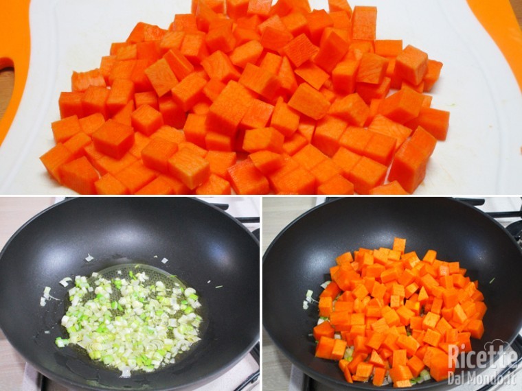 Tagliare la zucca a cubetti e rosolarla