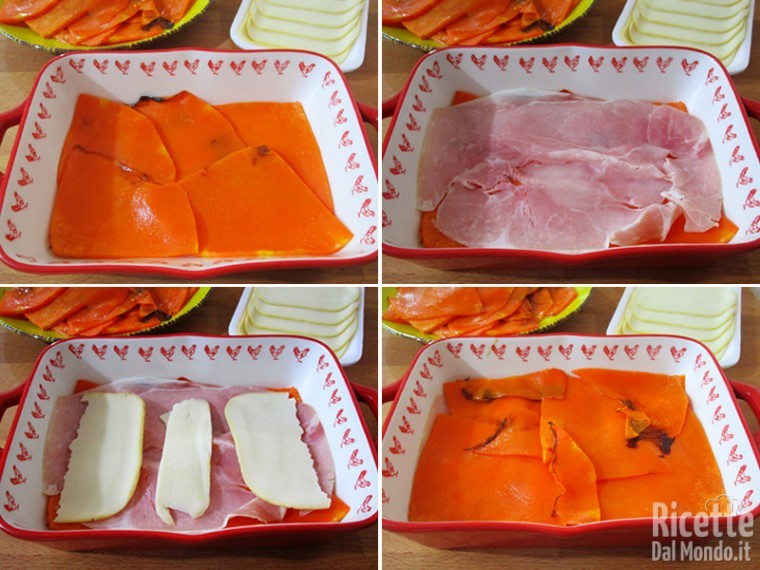 Assemblate la parmigiana con zucca, prosciutto e provola