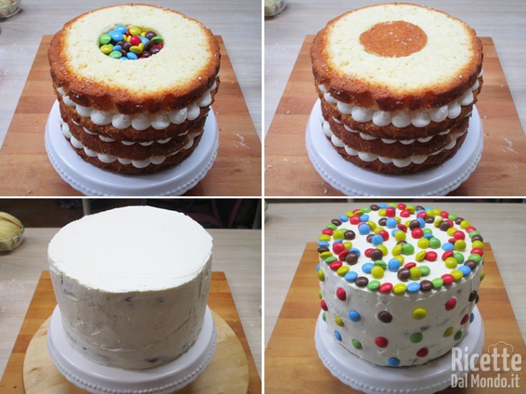Riempire la cavità di Smarties e rivestire la torta