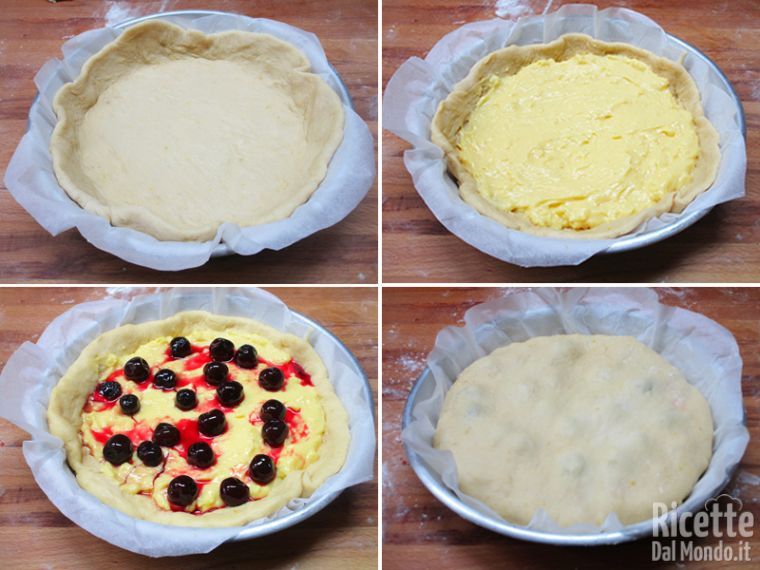 Stendere un disco di pasta, farcire con crema e amarne e coprire
