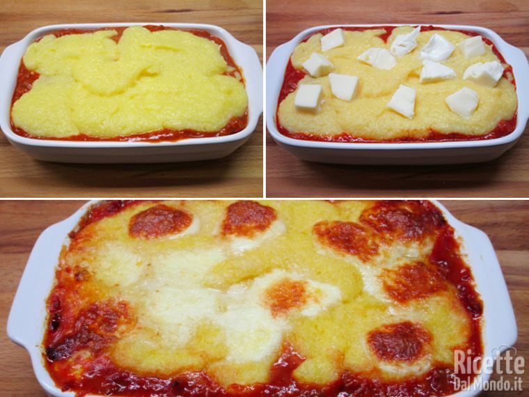 Polenta al forno con mozzarella e ragù di carne. Ricca e gustosa!