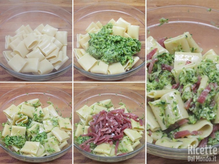 Cuocere la pasta, unire le zucchine e lo speck