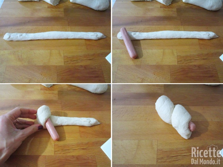 Allungare ogni pezzo con un filoncino e arrotolarlo intorno al wurstel