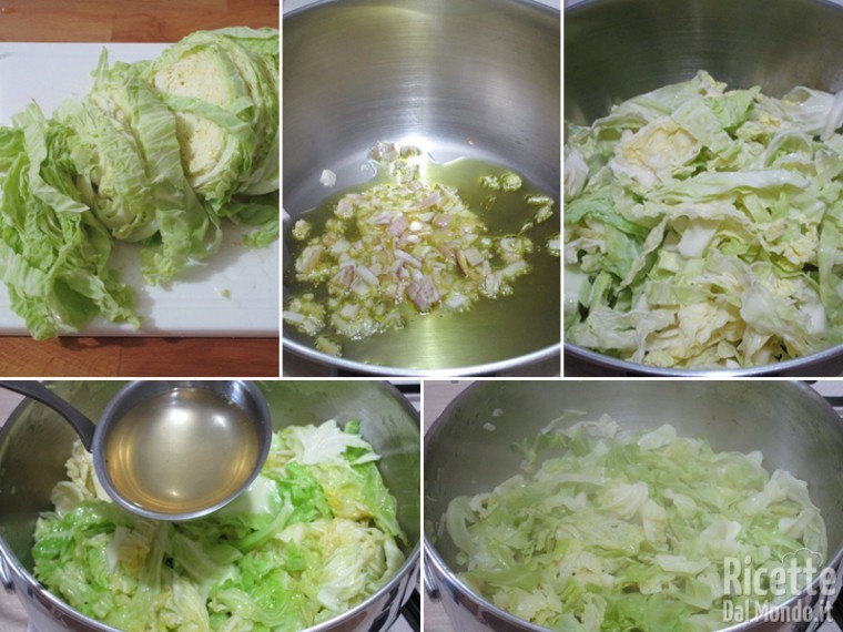 Pulite e iniziate a tagliare e cuocere la verza