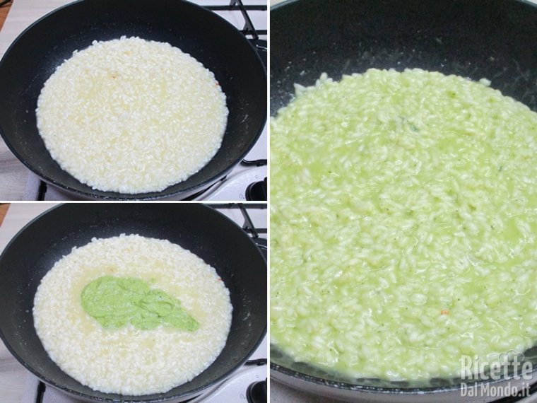 Portare il riso a cottura e unire la crema di zucchine