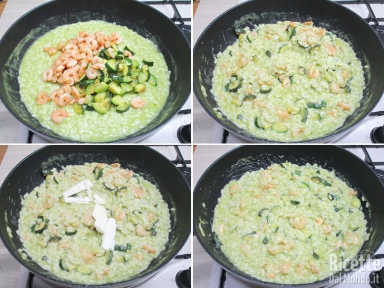 Unire gamberi e zucchine e mantecare