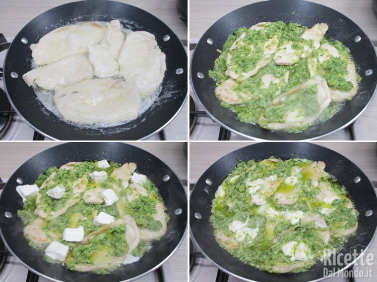 Cuocere le scaloppine, unire le zucchine e il formaggio
