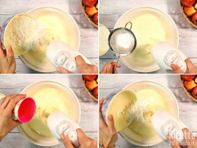 Aggiungere farina, lievito e olio