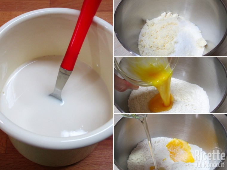 Sciogliere il lievito nel latte e riunire farina, uova e olio