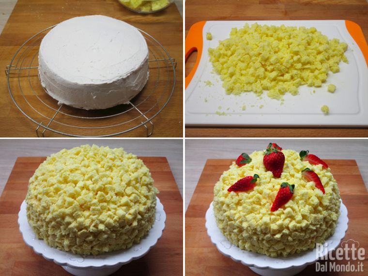 Rivestire la torta e decorarla con il pan di spagna sbriciolato