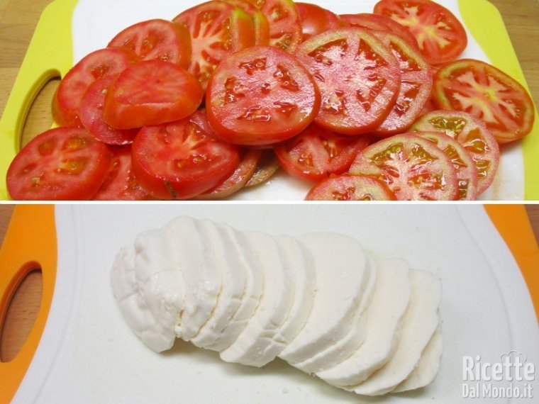 Tagliare pomodori e mozzarella