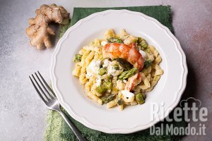 Fusilli lunghi con asparagi, creme fraiche e gamberone. La ricetta gourmet!