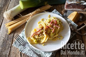 Ricetta Spaghettoni con crema di porri e speck croccante. La ricetta gustosa!