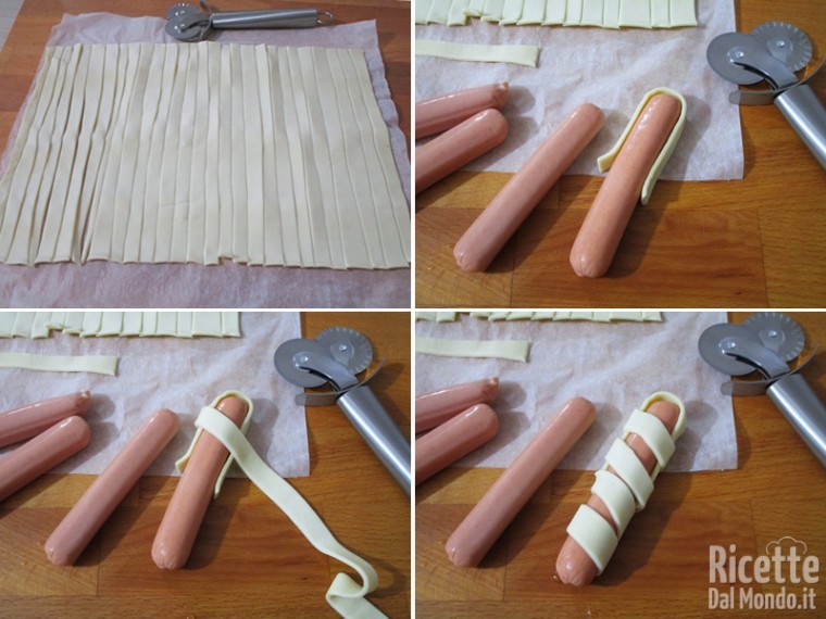 Preparare le mummie avvolgendo i wurstel con la sfoglia