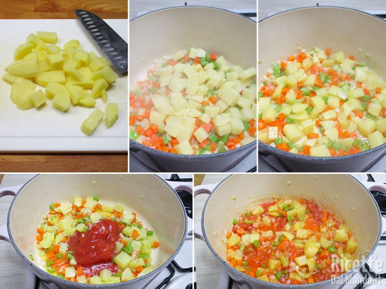 Aggiungere le patate a cubetti e i pomodori pelati