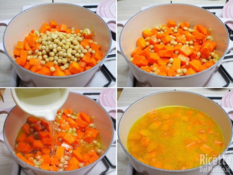 Unire i ceci e cuocere con il brodo