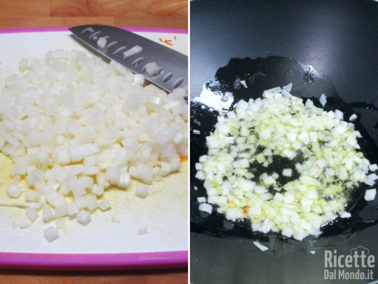 Tritare la cipolla e farla ammorbidire con un filo d'olio