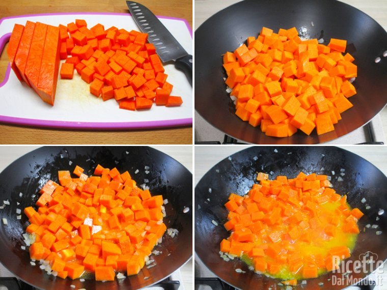 Tagliate la zucca a cubetti e rosolatela insieme alla cipolla