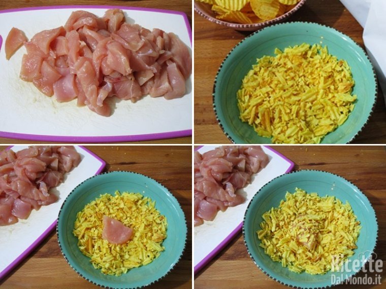 Tagliare i bocconcini di pollo e impanarli