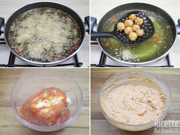 Friggere le polpette e formare una crema di ricotta